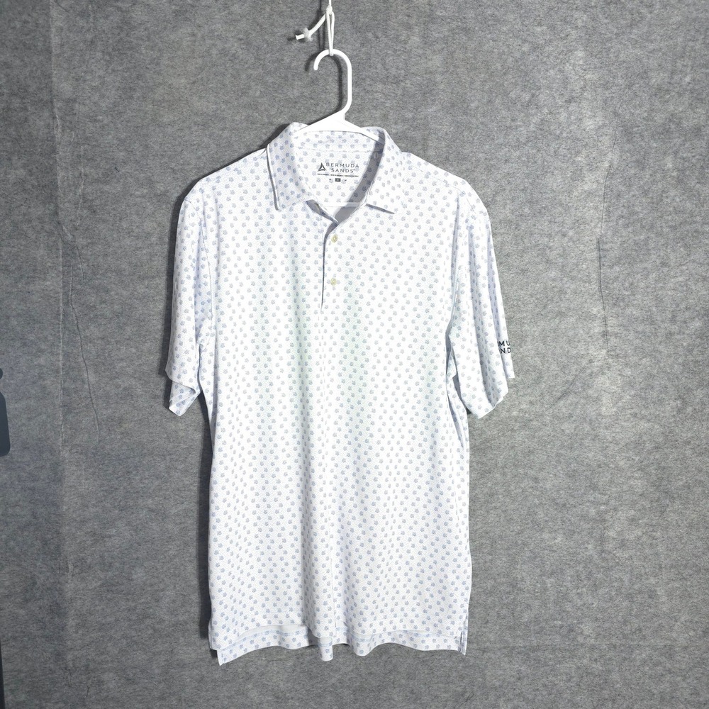 Bermuda Sands Polo Shirt Mens M White Blue Floral Performance Golf Short Sleeve